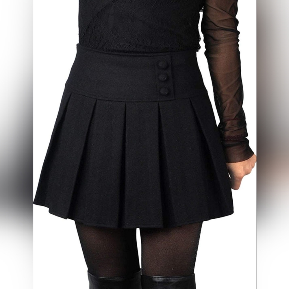 🆕️🏷chouyatou Casual Plaid High Waist A-Line Wool Pleated Short Skirt -Black -M